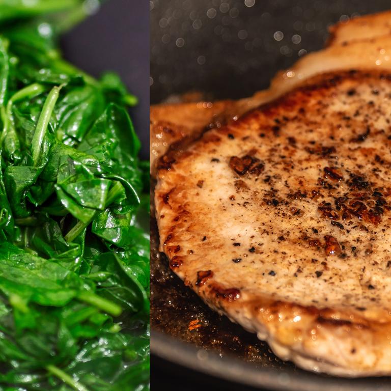 Wilted Spinach and Pork Chop Side by Side