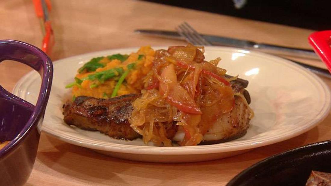 Cider Brined Pork Chops With Sweet Potatoes And Greens Rachael Ray Show