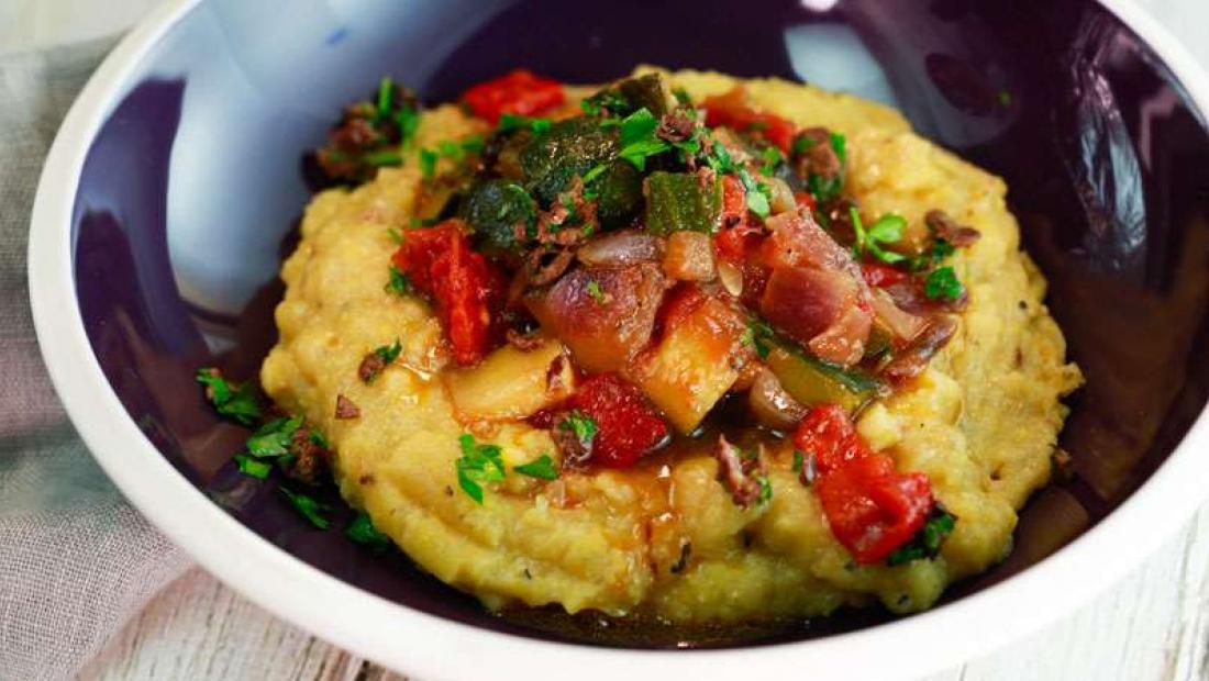 Ratatouille Olive Gremolata on Polenta with Roasted Garlic and Honey