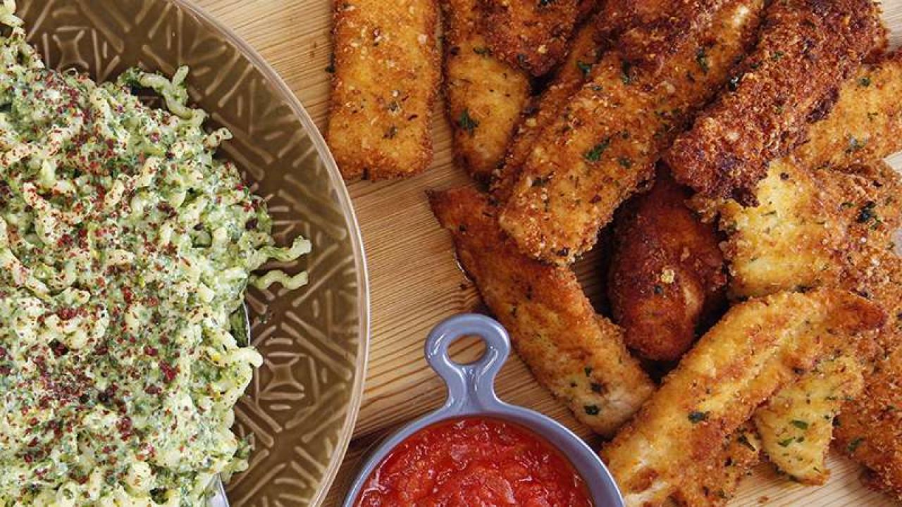 Rachael S Chicken Finger Parm With Tomato Basil Dipping Sauce Recipe Rachael Ray Show