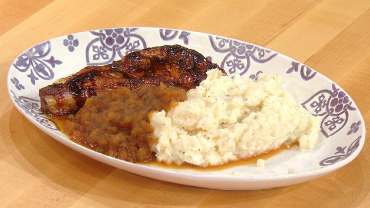 Pork Chops With Balsamic Brown Butter Applesauce With Thyme Mashed Potatoes And Celery Root