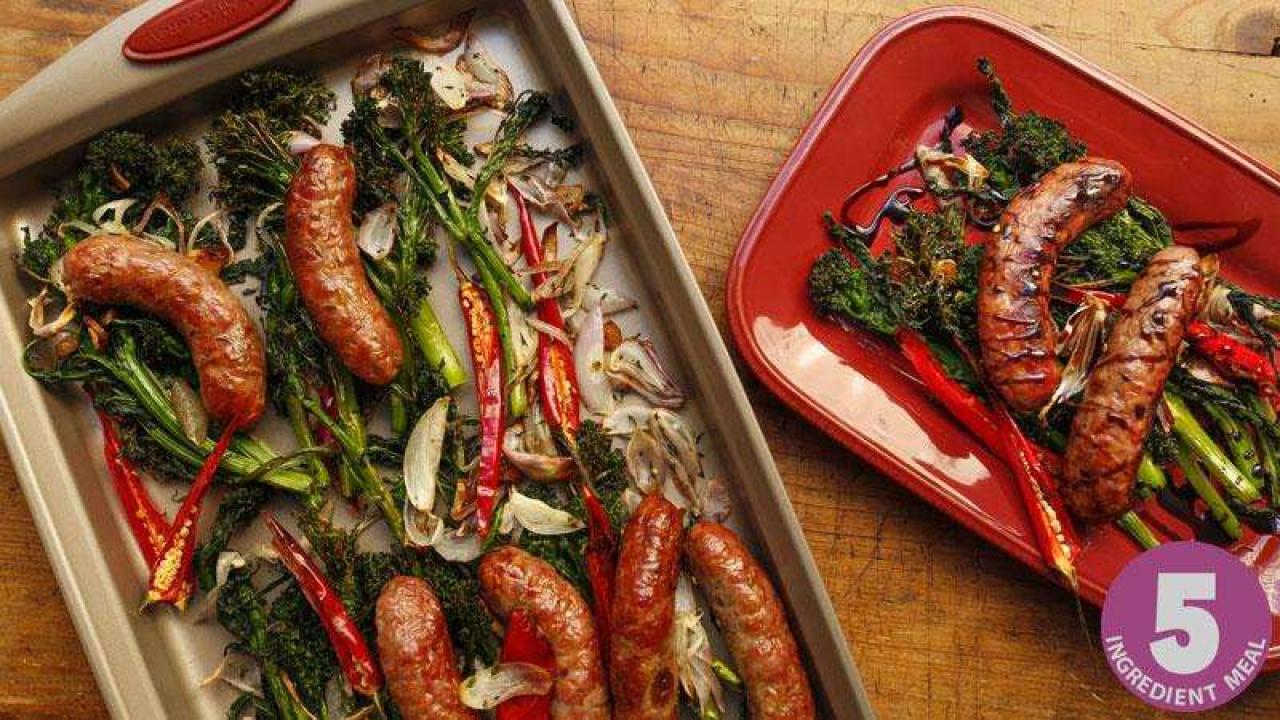 Balsamic-glazed sheet-pan sausage, fennel, and baby broccoli