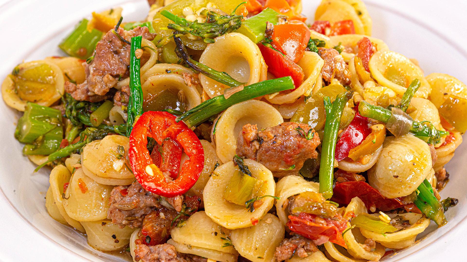 Sausage Broccolini Peppers And Onions With Pasta Recipe Rachael Ray Show