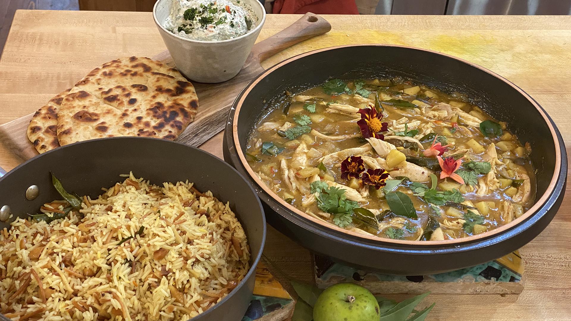 Chicken Apple Curry Recipe With Almond Rice Pilaf And Mint Chili Raita With Naan From Rachael Ray Rachael Ray Show